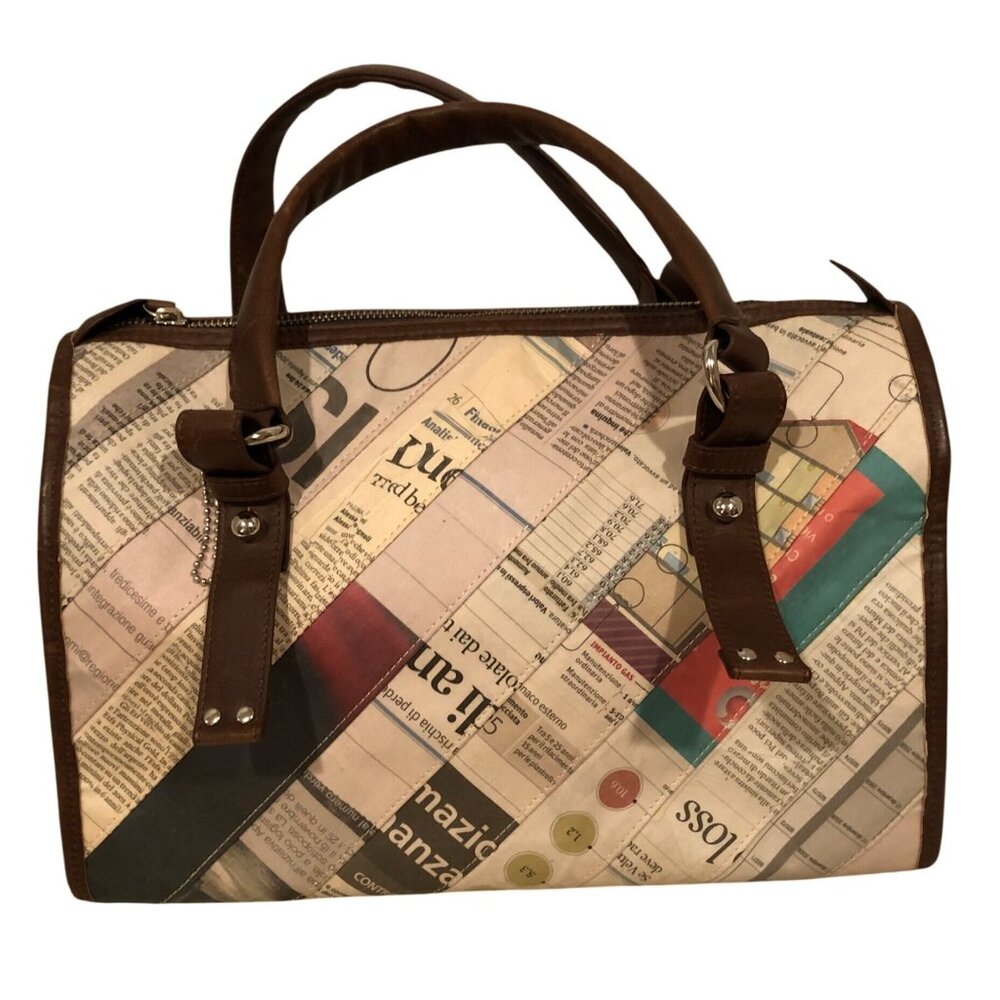 Handmade Recycled Newspaper Print Satchel With Brown Faux Leather Handles & Zipp